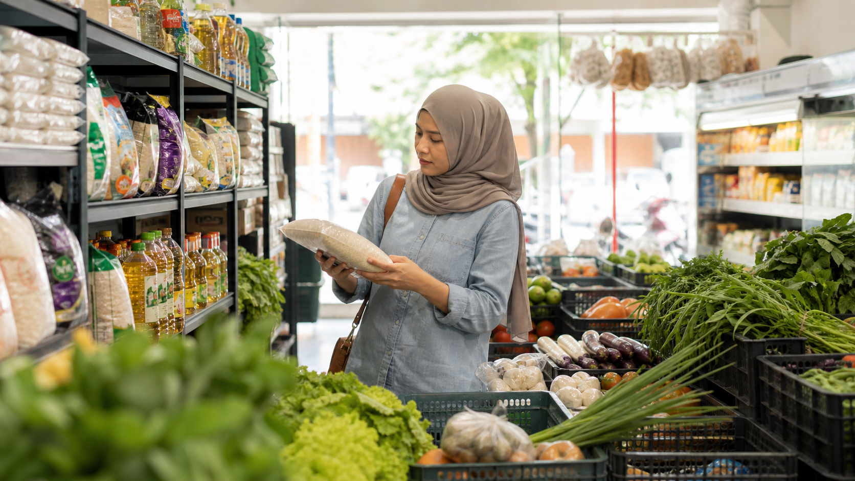 Pembeli memilih barang dapur di grocery store berdekatan