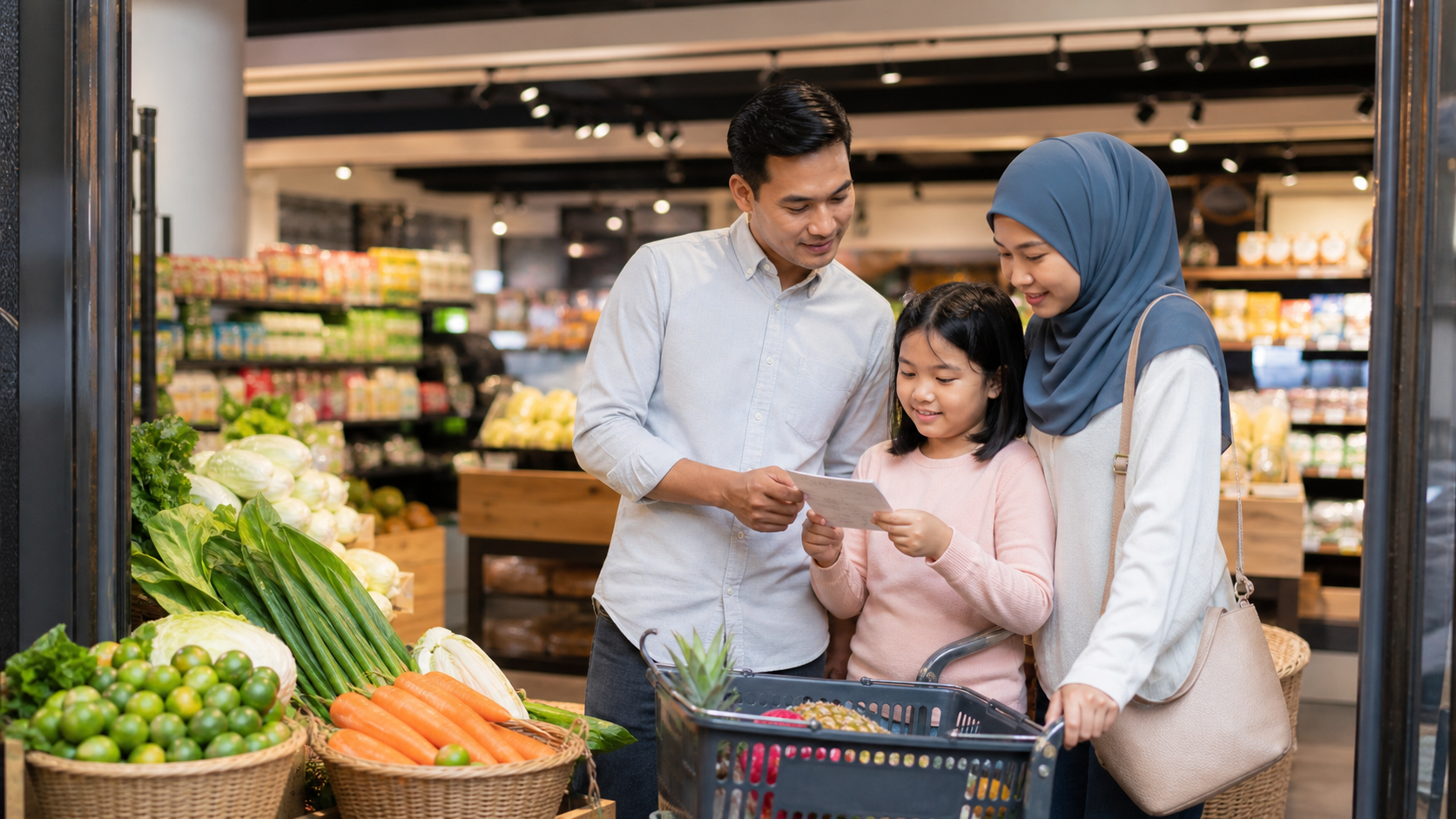 Keluarga membaca senarai sebelum membeli barang dapur